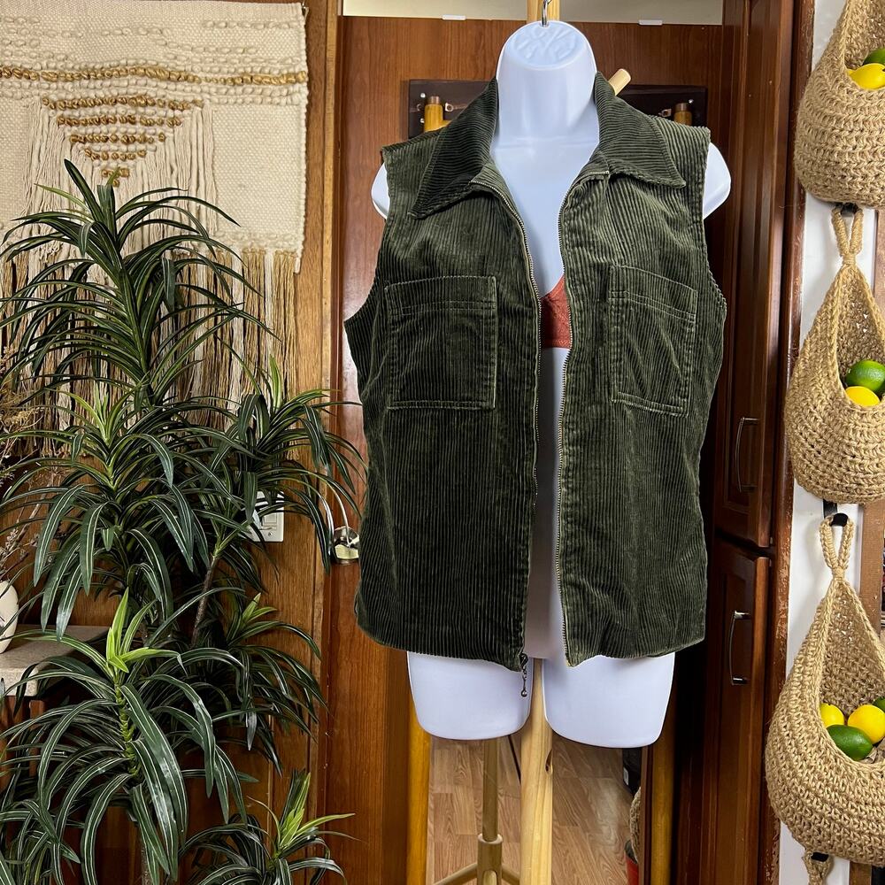 Vintage 90s Green Corduroy Vest Women M Wide Wale Floral Lined Cotton Boho Zip
